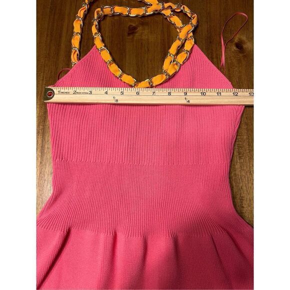 Zara Chain Strap Sleeveless Rib Knit Fit And Flare Dress Hot Pink Size Large - Picture 8 of 9